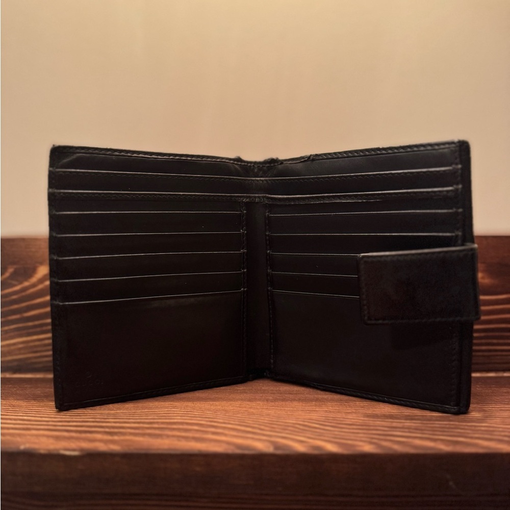 Gucci Black GG Canvas Leather Bifold Wallet Silver Logo Bar Made in Italy - Picture 3 of 8